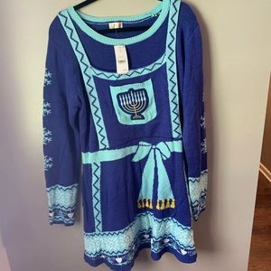 Born Famous Hanukkah Sweater Dress Blue Menorah
